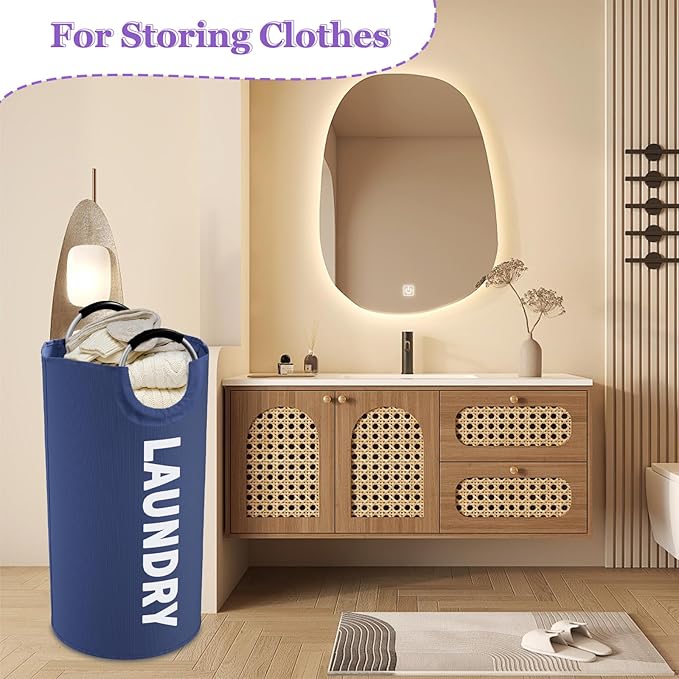 95L Collapsible Laundry Baskets for Boy, Big Clothes Hampers with Handles, Stand-alone Laundry Bin, Portable Dirty Clothes Basket for Bathroom, Camping, Navy Blue