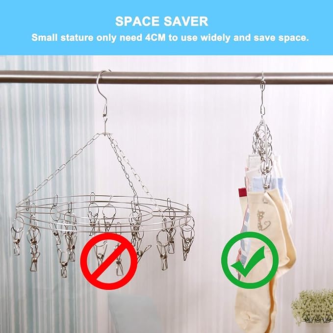 Clothes Drying Rack with 10 Clips, 2 Pack Laundry Drying Rack with Clothes-pegs, Stainless Steel Underwear Hangers for Drying Socks, Bras, Towel, Baby Clothes Hanger Windproof Hanging Clothes Pins