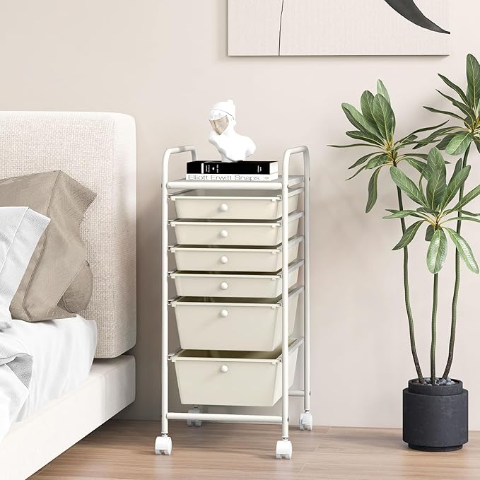 GOFLAME 6-Drawer Rolling Storage Cart, Multifunctional Art Supply Organizer Cart, Mobile Utility Storage Cart with Removable Drawers & Lockable Wheels, Craft Cart for Home Office, White