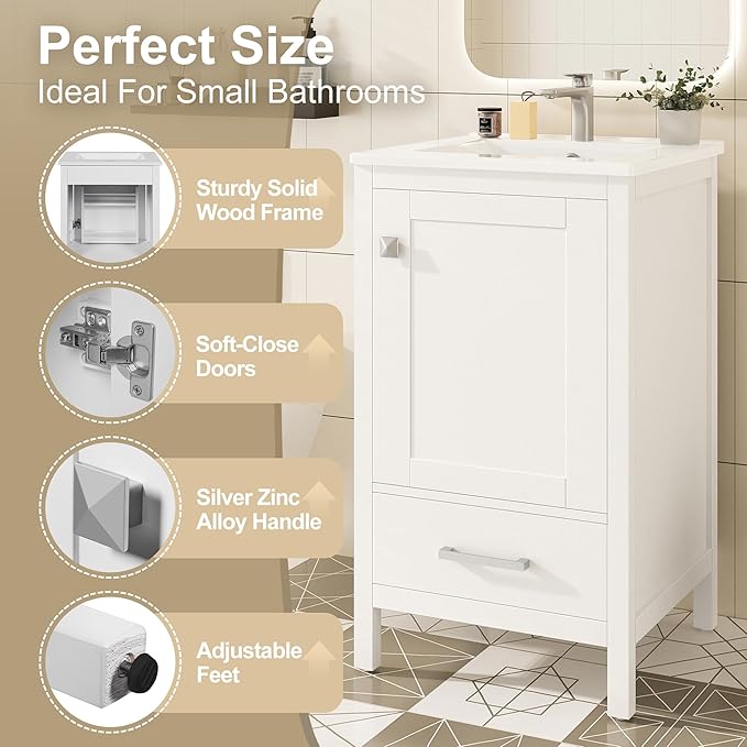 20" Small Bathroom Vanity with Sink, Soft-Close Drawer and Door, Wood Modern Single Bathroom Sink Cabinet with Doors and Shelves, Adjustable Foot Pads, for Small Space (White)