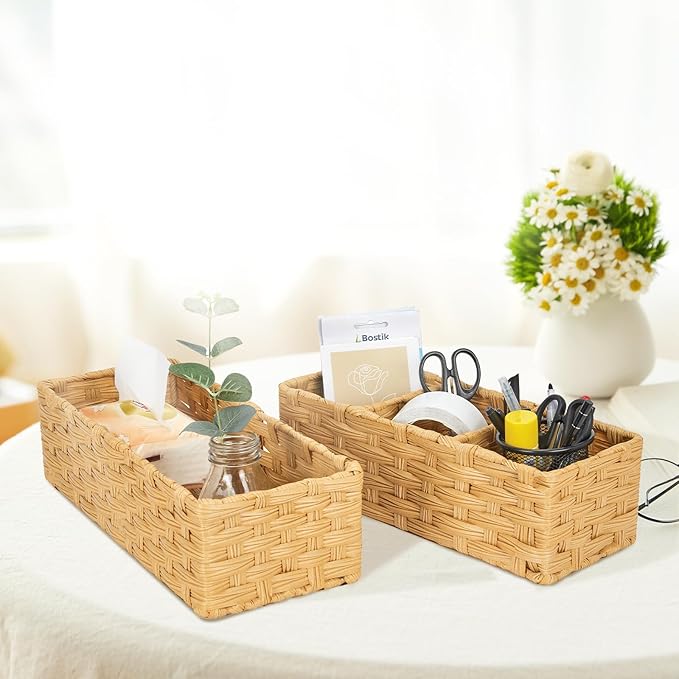 DULLEMELO Toilet Basket for Decor, Small Wicker Baskets for Storage Back of Toilet Tank Topper, Set of 2 Woven Storage Baskets for Bathroom Toilet Paper Holder Basket, Natural