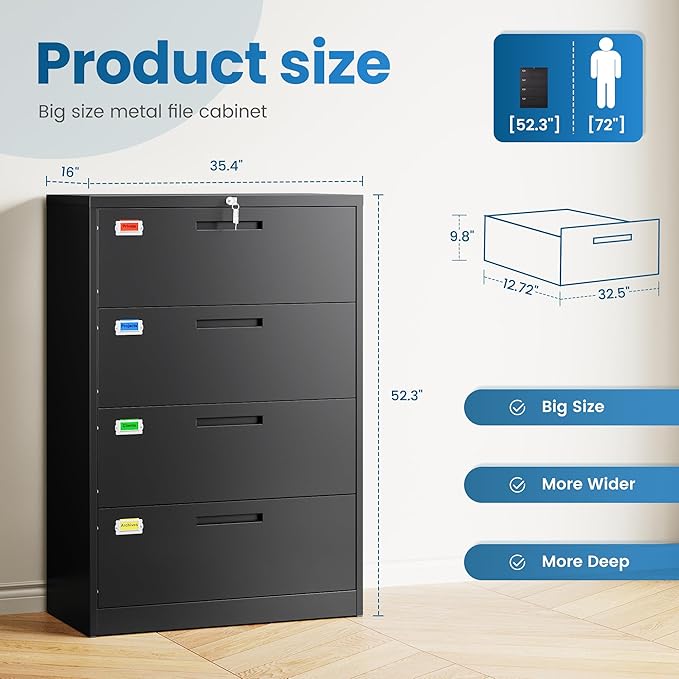4 Drawer File Cabinet, Lateral Filing Cabinets for Home Office, Office Storage Drawers with Lock, Hanging Files Legal/Letter A4 Size (Assemble Required,Black)