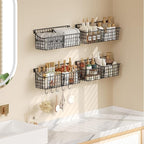 4 Pack EXTRA LARGE Hanging Wall Mount Storage Baskets With Divider, Metal Wire Basket With 4 Strong Adhesive Hooks +5 S Hooks,Organizing Wall Shelf for Home Kitchen Bathroom Pantry Garage RV, Black