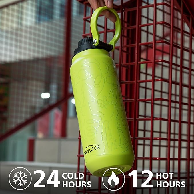 GREYLOCK 32 oz Insulated Water Bottle with Straw Lid, Leakproof Reusable Stainless Steel Vacuum Flask, 24hr Cold & Hot, Carry Handle & Silicone Spout, BPA-Free for Gym, Hiking, Travel,Green