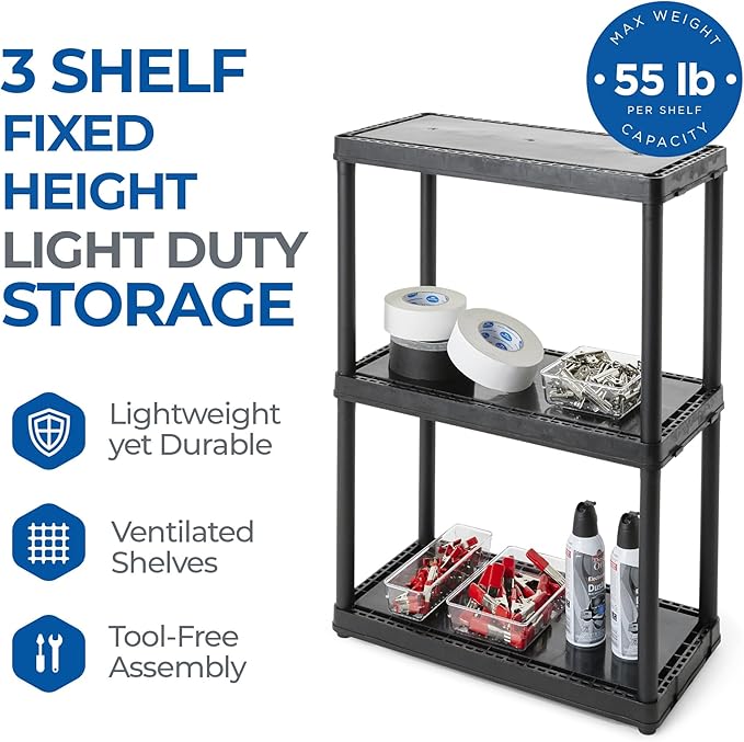Gracious Living 33 Inch Heavy Duty 3-Shelf Light Duty Storage Shelf, Easy Assembly and Holds Up to 55 Pounds Per Shelf, Black