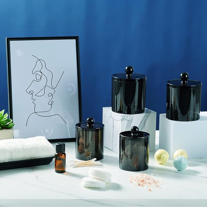 SheeChung 4-Pack Black Acrylic Apothecary Jars with Chalkboard Labels - Shatterproof Qtip Holder for Bathroom - Vanity Storage Canisters for Cotton Swabs,Balls,Floss Picks- Modern Minimalist Decor