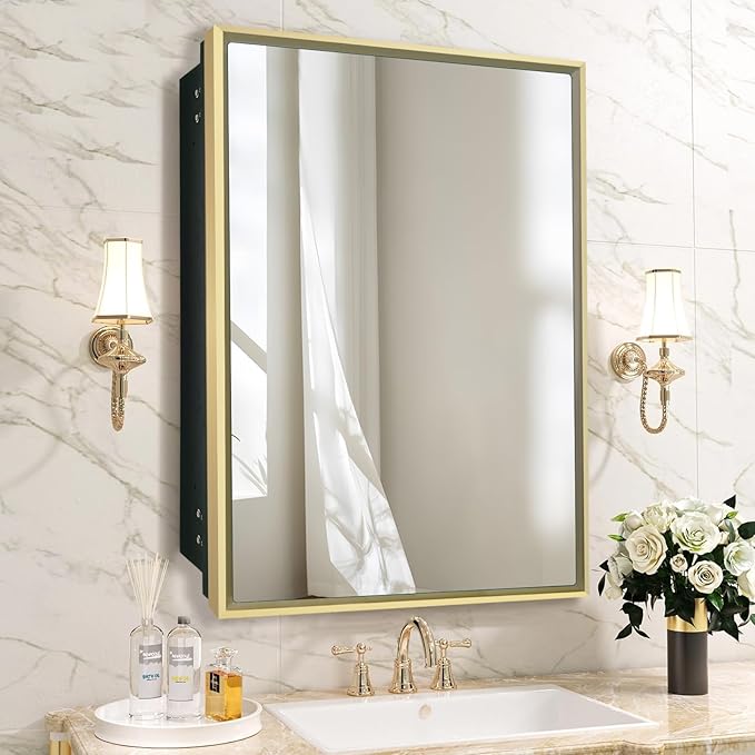 Bathroom Medicine Cabinet with 24x30 Inch Mirror - Recessed or Surface Mount Vanity Storage Cabinet｜ Antique Brush Gold Finish ｜ Rustic Farmhouse Bathroom Mirror Cabinet