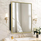 Bathroom Medicine Cabinet with 24x30 Inch Mirror - Recessed or Surface Mount Vanity Storage Cabinet｜ Antique Brush Gold Finish ｜ Rustic Farmhouse Bathroom Mirror Cabinet