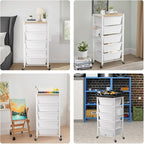 Rolling Cart with 5 Drawers, Plastic Drawer Storage Carts with Wheels & Wooden Tabletop, Metal Utility Cart with Pegboards, Office Living Room Classroom Craft Organization and Storage, Bright White