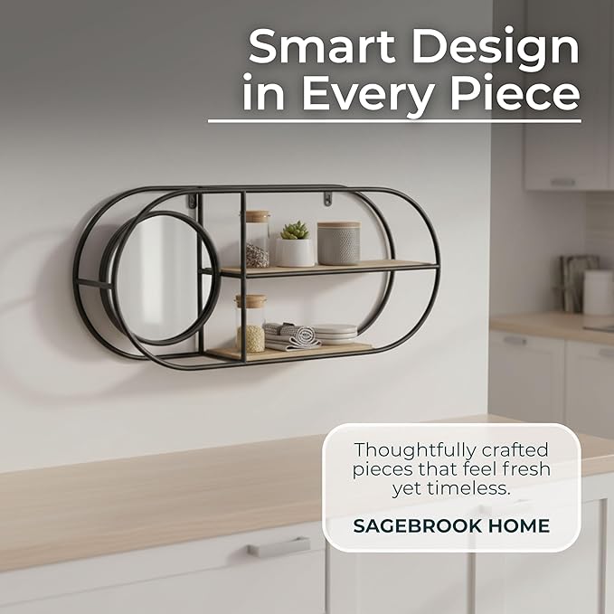 Metal And Wood Wall Shelf – Storage Shelf With Mirror And Open Shelves, Entryway Or Bathroom Wall Home Decor, Industrial Wall Organizer For Keys, Mail, And Display – 23" x 5" x 10", Brown Black