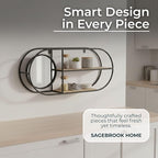 Metal And Wood Wall Shelf – Storage Shelf With Mirror And Open Shelves, Entryway Or Bathroom Wall Home Decor, Industrial Wall Organizer For Keys, Mail, And Display – 23" x 5" x 10", Brown Black