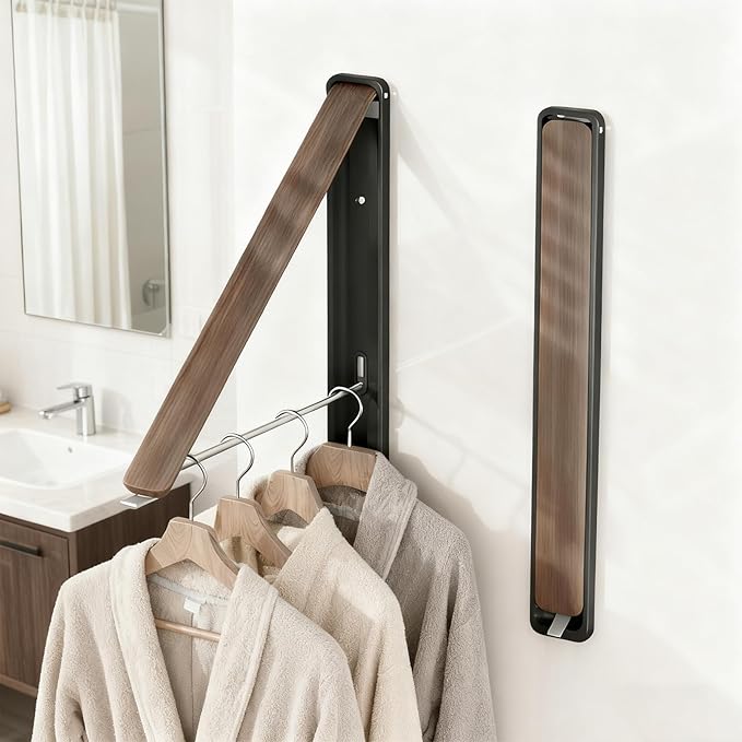 Clothes Drying Rack Wall Mounted for Laundry, Retractable & Foldable Clothes Hanger, Indoor Outdoor Wall Dryer Rack Organization for Dorm, Closet, Apartment, Balcony, Laundry, Rv, Walnut