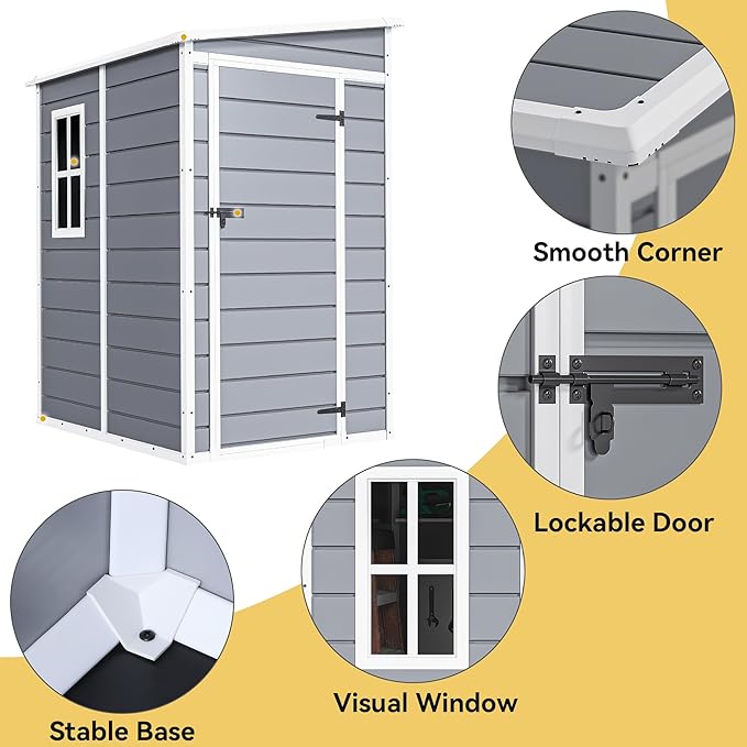 DWVO 5x4 FT Outdoor Storage Shed with Floor, All-Weather Resin Storage Shed with Lockable Door & Window, Waterproof Plastic Tool Storage for Garden, Backyard, Patio, Lawn, Gray