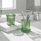 2 Pack Qtip Holder - Apothecary Jars with Lids, Bathroom Organizers and Storage Canister for Cotton Balls,Swabs,Floss Picks,Hair Ties,Clear Glass Vintage Bathroom Decor Jar Set (Green)