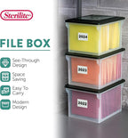 Sterilite File Box, Stackable Storage Bin with Lid, Organize Receipts, Bills, Taxes and Papers in the Home, Office, Clear Base with Black Lid, 16-Pack