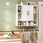 RUSTOWN Rustic Wood Wall Bathroom Cabinet, Farmhouse Medicine Cabinet Wall Mounted, Space Saving Wall Storage Cabinet with 2 Barn Door, 3-Tier Adjustable Shelves and Towel Bar (White)