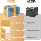 Clear Acrylic File Box Organizer, Bamboo Hanging Folder Storage Boxes, Filing Crate Bin Holder with Handle for Home Office Desk, Letter Size