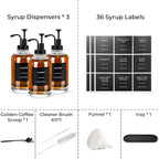 Coffee Syrup Dispenser for Coffee Bar, Set of 3 Simple Glass Syrup Bottle w. Pump and Labels, 16.9 oz 500ml Syrup Pump Dispenser, Syrup Dispenser w. Tray & Coffee Scoop