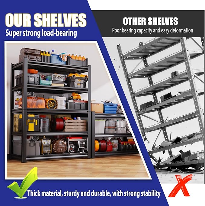 Garage Shelving-3000 lbs 5 Tier Storage Shelves, Adjustable Heavy Duty Metal Shelving Unit and Storage Large Wire Rack, Utility Steel Shelf for Warehouse Industrial Pantry Basement -78"x46"x20", Black