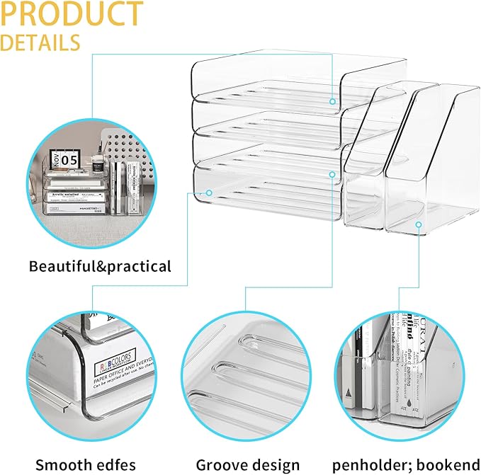 4-Tier Horizontal Acrylic Paper Tray Organizer with Bookends | Clear Stackable Desk Organizer for Documents, Letters, A4 Paper | Modern Office/Classroom/Home Organization