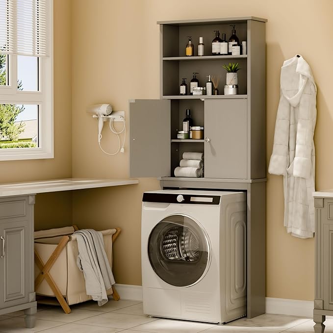 Walsunny Over The Toilet Storage Cabinet, Bathroom Organizer with Open Shelves and Double Doors, Space Saving Toilet Storage, Gray