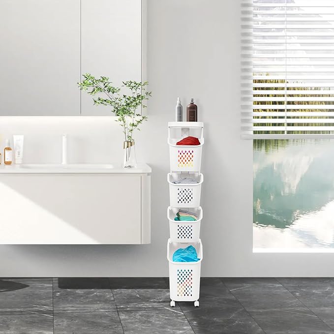 4-Tier Laundry Hamper Sorter with Wheels, Vertical Rolling Laundry Baskets Removable and Stackable, Space-Saving Cart Organizer for Dorm, Closet and Bathroom (4-Tier)