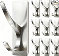 pickpiff Brushed Nickel Self Adhesive Coat Hooks for Hanging: 13LB Extra Strong Stainless Wall Hook for Towel, Utensil, Backpack, Hat, Sturdy Metal Hanger for Bathroom, Kitchen, Door, 10 Pack