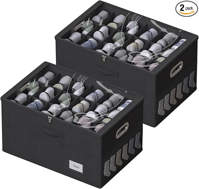 2 Pack Shoe Organizer for Closet Large Shoe Box Storage Containers with Clear Window Space Saving Shoe Bin with Foldable Bottom Support Adjustable Dividers Fits 36 Pairs (Black, (24.4*16.5*13inch)x2)