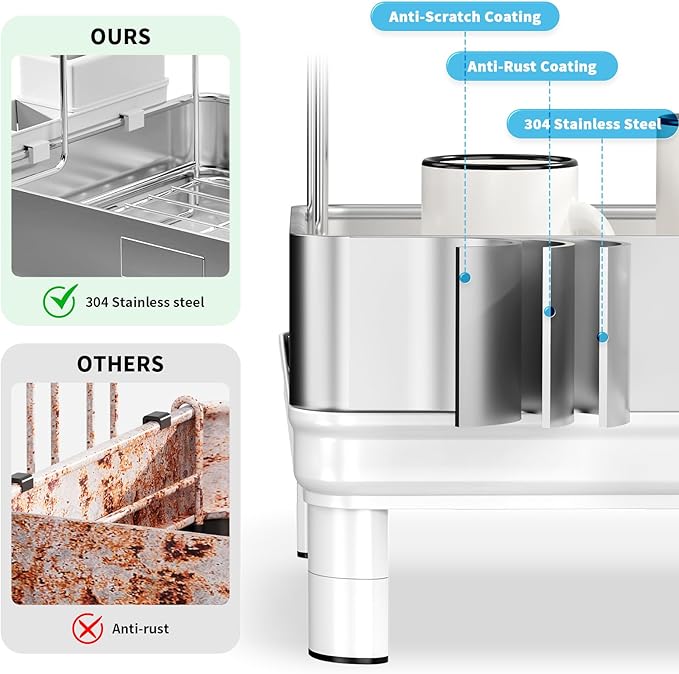 Ewaiira Dish Drying Rack, 304 Stainless Steel Dish Racks for Kitchen Counter, Dish Drainers with Automatic Drainage, Utensil Holder & Cups Holder, Space Saving Kitchen Organizer (2-Tier White)
