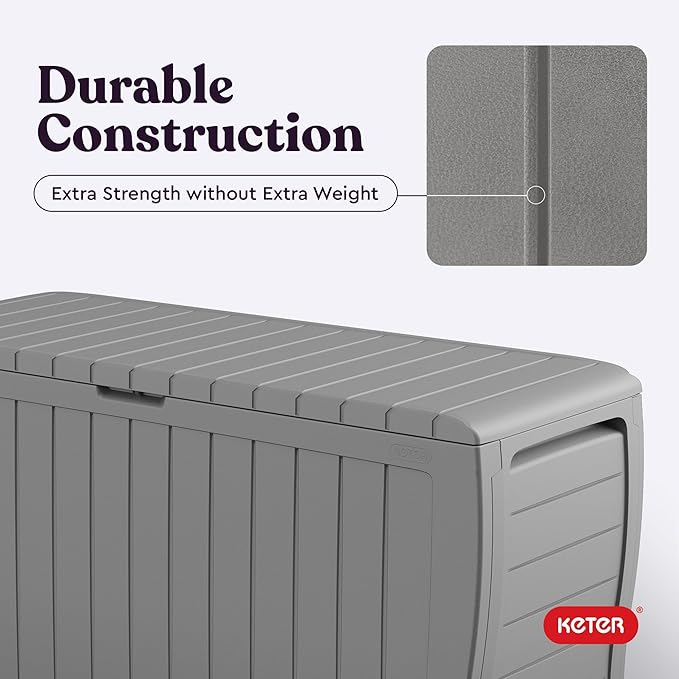 Keter Marvel Plus 71 Gallon Resin Outdoor Storage Box for Patio Furniture Cushions, Throw Pillows, Garden Tools and Pool Floats, Light Grey
