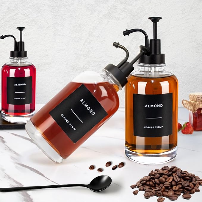 Coffee Syrup Dispenser for Coffee Bar, Set of 3 Simple Glass Syrup Bottle w. Pump and Labels, 16.9 oz 500ml Syrup Pump Dispenser, Syrup Dispenser w. Tray & Coffee Scoop