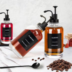 Coffee Syrup Dispenser for Coffee Bar, Set of 3 Simple Glass Syrup Bottle w. Pump and Labels, 16.9 oz 500ml Syrup Pump Dispenser, Syrup Dispenser w. Tray & Coffee Scoop