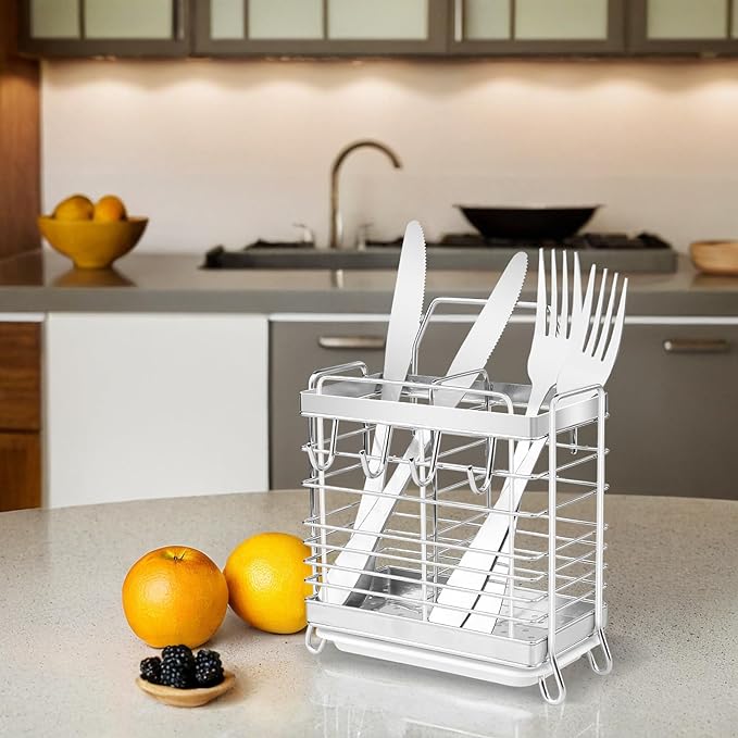 Utensil Holder, Stainless Steel Utensil Drying Rack with Drain Tray, Kitchen Counter Drainer Basket Silverware Cutlery Flatware Holder Forks, Knives, Spoons, Chopsticks Organizer (Silver)