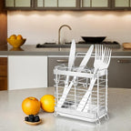 Utensil Holder, Stainless Steel Utensil Drying Rack with Drain Tray, Kitchen Counter Drainer Basket Silverware Cutlery Flatware Holder Forks, Knives, Spoons, Chopsticks Organizer (Silver)