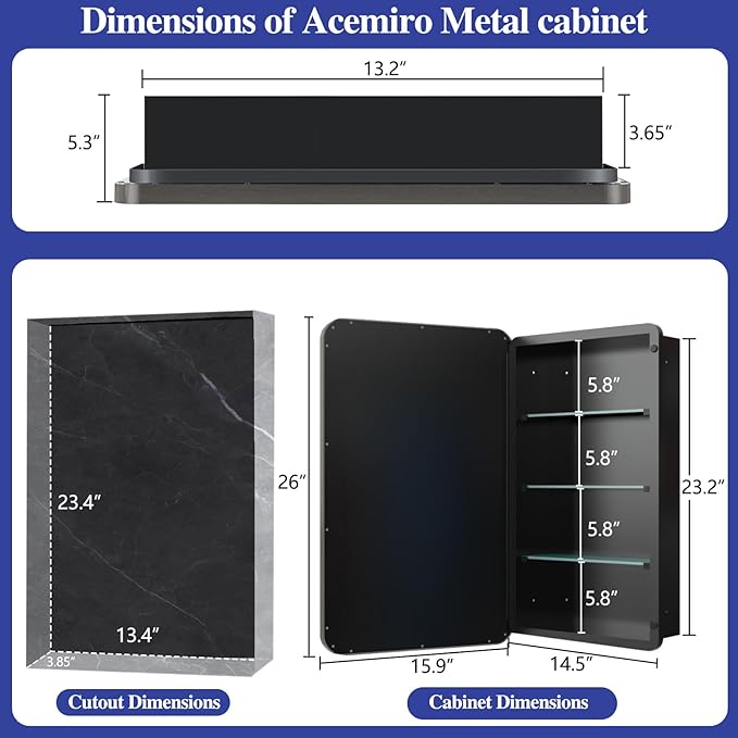 Bathroom Medicine Cabinet with 16"x26" Stainless Steel Framed Mirror,Recessed or Surface Mounted Bathroom Mirror Cabinet,Storage Cabinet for Bathrooms, Guest Rooms, Apartments, Farmhouse Decor