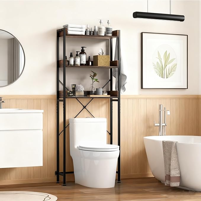 Giantex Over The Toilet Storage Rack, 3-Tier Bathroom Space Saver Organizer with Adjustable Bottom Bar to Fit Most Toilets, Freestanding Above Toilet Storage Rack, Easy Assembly (Brown + Black)