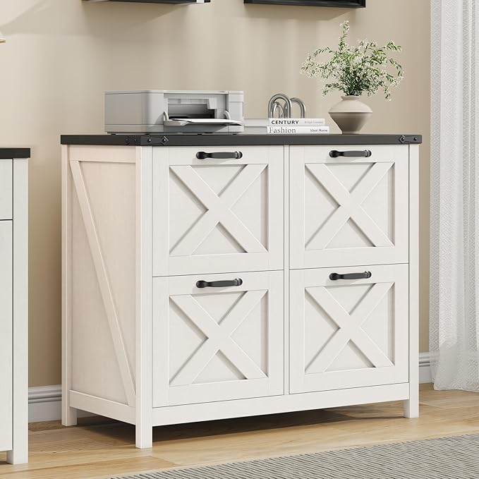 Lateral File Cabinet with 4 Drawers, Farmhouse File Cabinet for Letter/A4 Size Hanging Files, Large Wood File Storage Cabinets Printer Stand for Home Office Cabinets, Rustic White and Black