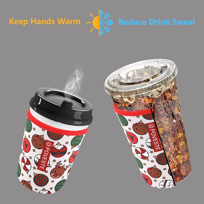 Reusable Neoprene Insulator Sleeve for Iced Coffee & Cold Soda, Coffee Sleeves for Iced & Hot Drinks, Cold Beverage Cooler Compatible with Starbucks, Dunkin (Chrsitmas Party, Large: 32oz)