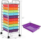 GOFLAME 10-Drawer Rolling Storage Drawer Cart, Utility Cart with Removable Drawers & Metal Frame, Mobile Art Craft Drawer Cart with Lockable Wheels for Home, Office, Studio, School, Multicolor