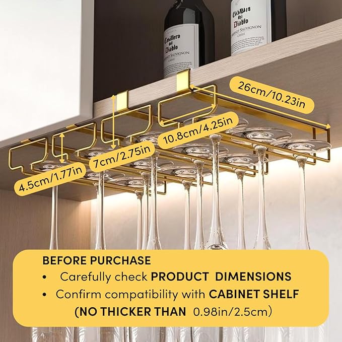 LINFIDITE Gold Under Cabinet Wine Glass Holder, 2 Pack, Space Saving, Easy Installation, Anti-Skid, Compact Design, Sturdy Materials, Affordable Gift