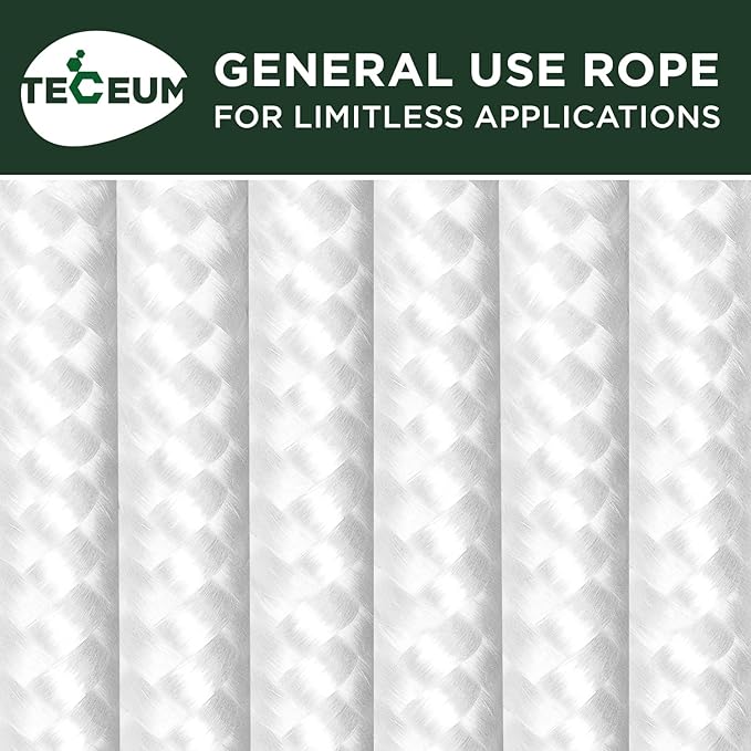 TECEUM Clothes Line & Flag Pole Rope – 1/4” & 3/8” – 90 FT | 150 FT – Strong All-Purpose Utility Rope – Camping, Crafting, Indoor & Outdoor – Polypropylene Nylon Lightweight Diamond Braided Cord White