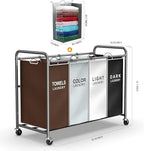 ROMOON Laundry Hamper Sorter Cart: 4-Section Organizer with Heavy-Duty Lockable Wheels and Removable Bags | 180L Rolling Laundry Basket for Dirty Clothes in Laundry Room or Small Spaces (Multicolor)