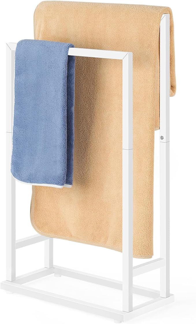 Freestanding Towel Rack for Bathroom 2 Tier Small Metal Hand Towel Holder Stand Towel Bar Towel Drying Rack Floor for Bedroom Laundry Room, White