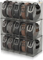 3 Pack Acrylic Belt Organizer Clear Stackable Belt Storage Holder Purse Organizer for Closet - 5 Compartments with Removable Dividers,Display Case Pantry Cabinet Organizers for Ties,Socks,Grey