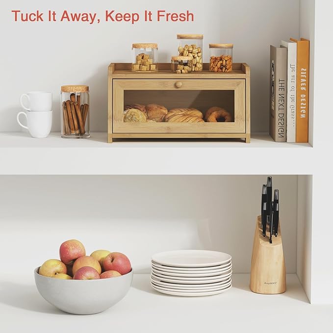 Wood Bread Box for Kithcen Countertop, Rustic Breadox Storage Container for Homemade Bread, Small Compact Bread Keeper Holder Organizer with Window (Natural Bamboo)
