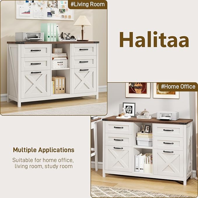 Lateral File Cabinet with 6 Drawers, Farmhouse Filing Cabinet for Letter/A4 Size, Wood File Storage Cabinets Printer Stand with Open Storage Adjustable Shelf for Home Office Cabinets, White and Brown