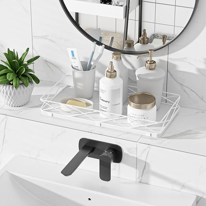 Toilet Paper Basket Holder, 13" Toilet Tank Tray, Wood and Metal Toilet Tray Vanity Organizer Bathroom Tray, Kitchen Sink Organizer for Soap Dispenser (White)