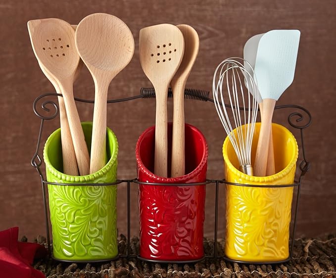 Kitchen Utensil Holder Set (4 Pieces) - 3 Ceramic Crocks & 1 Portable Wire Caddy - Multi-Color