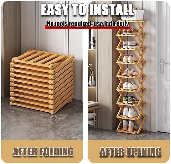 The 9-Tier No-Assembly Bamboo Rack, 2-9 Tier Folding Shoe Storage Rack, Space-Saving Organizer for Shoes, No Assembly Narrow Shoe Shelf for Entryway Closet Dorm (Brown, 6 Tier)