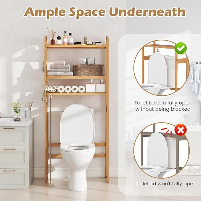 Tangkula Bamboo Over The Toilet Storage, 3-Tier Over Toilet Organizer Rack with 5-Position Adjustable Shelves, 3 Hooks, Adjustable Bottom Bar, Laundry Room Shelf, 28.5" Wide Bathroom Space Saver